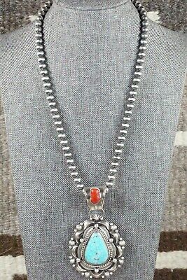 Turquoise, Coral Pendant & Sterling Silver Necklace - Tom Lewis