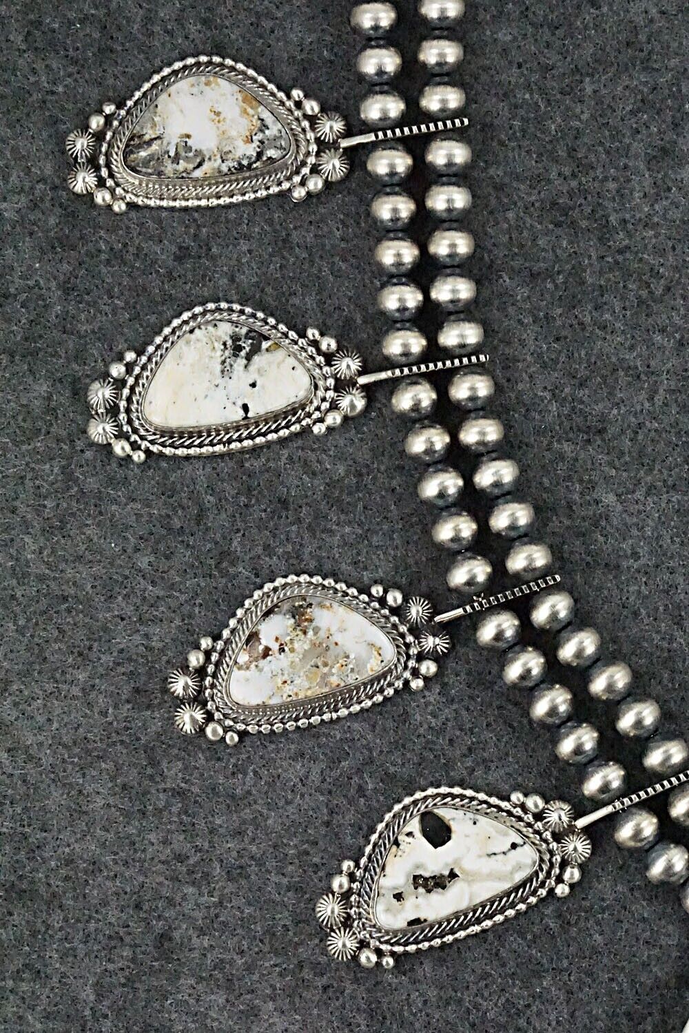 White Buffalo & Sterling Silver Squash Blossom Set - Tom Lewis