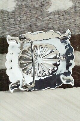 Turquoise, Coral & Sterling Silver Belt Buckle - Wallace Yazzie Jr - High Lonesome Trading