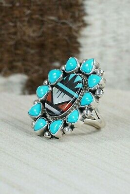 Zuni Inlay Turquoise, Coral and Sterling Silver Ring - Leslie Lamy - Size 6.5