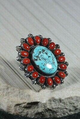Navajo Turquoise, Coral and Silver Ring - Annie Chapo - Size 10.5 - High Lonesome Trading