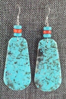 Turquoise, Coral & Sterling Silver Earrings - Lupe Lovato