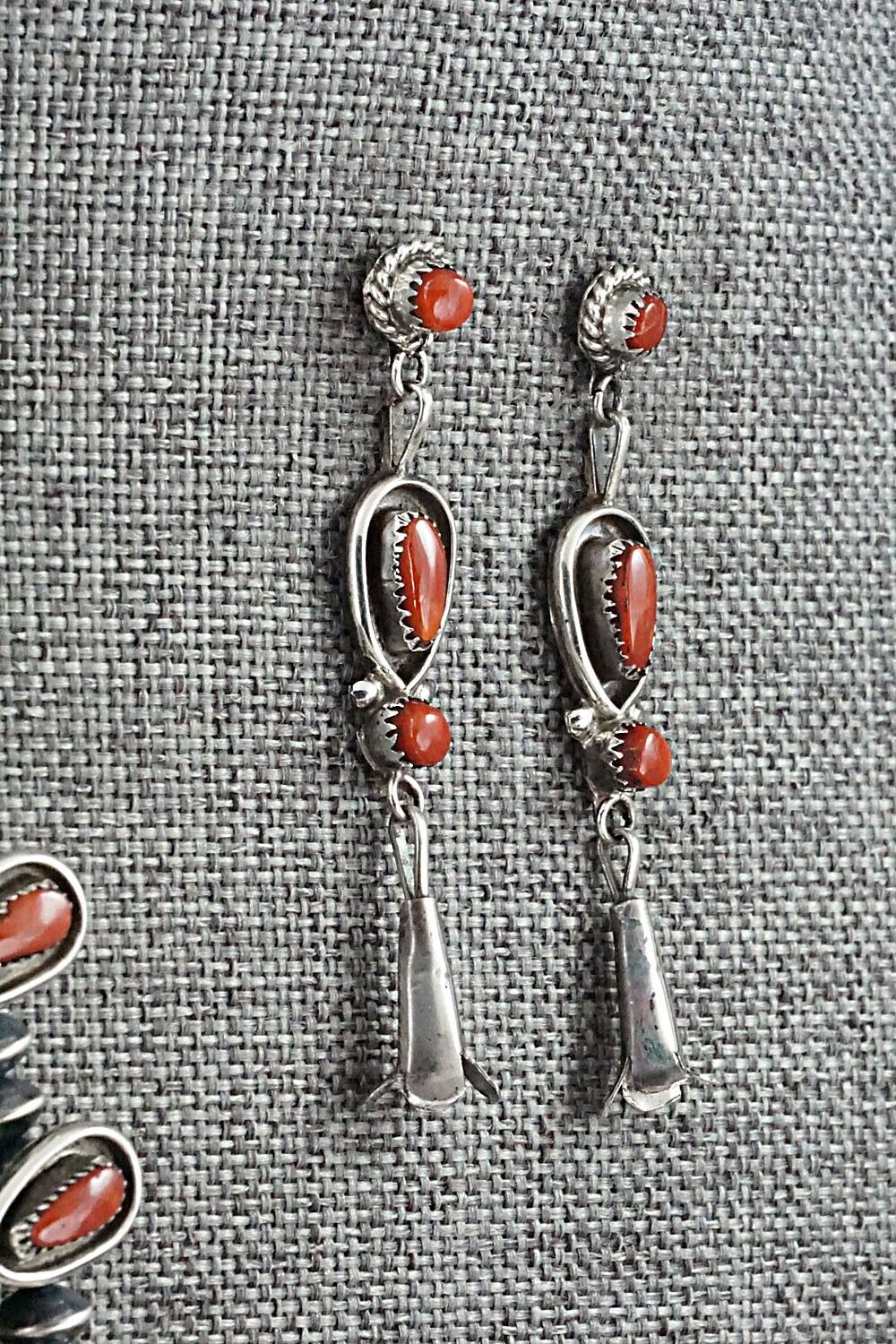 Coral & Sterling Silver Squash Blossom and Earrings - Vie Bobelu