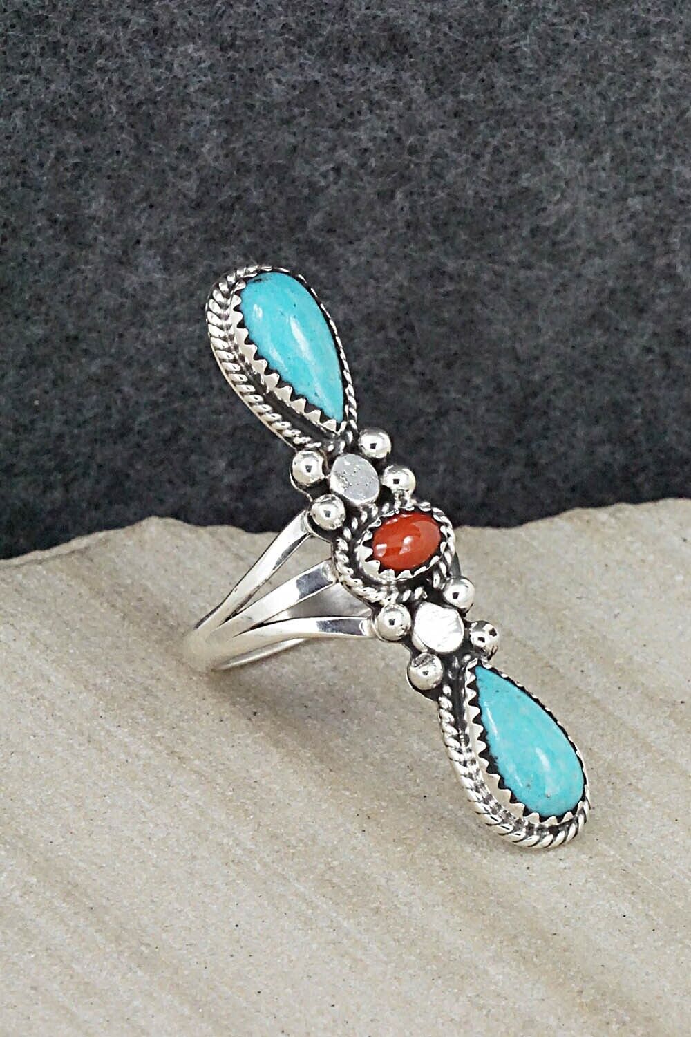 Turquoise, Coral & Sterling Silver Ring - Andrew Vandever - Size 6.5