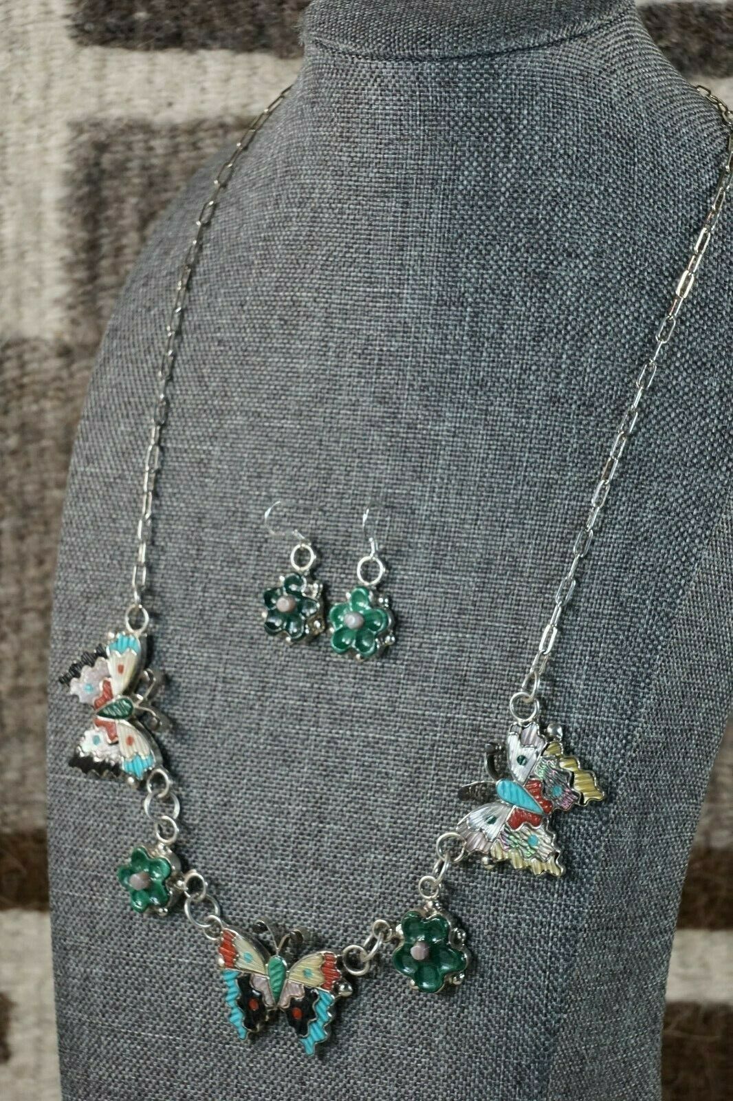 Zuni Inlay Butterfly and Flower Necklace and Earrings - Tamara Pinto - High Lonesome Trading