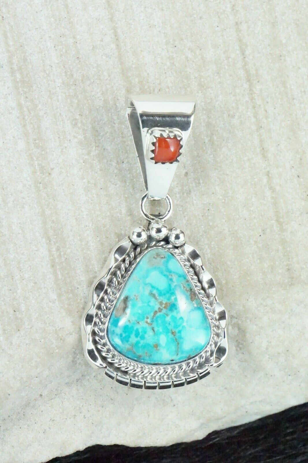 Turquoise, Coral and Sterling Silver Pendant - Navajo - High Lonesome Trading
