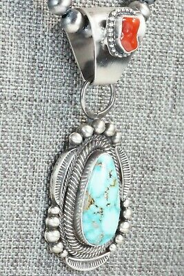Turquoise, Coral Pendant & Sterling Silver Necklace - Tom Lewis