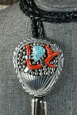 Navajo Turquoise, Coral & Sterling Silver Bolo Tie - Mary Spencer - High Lonesome Trading