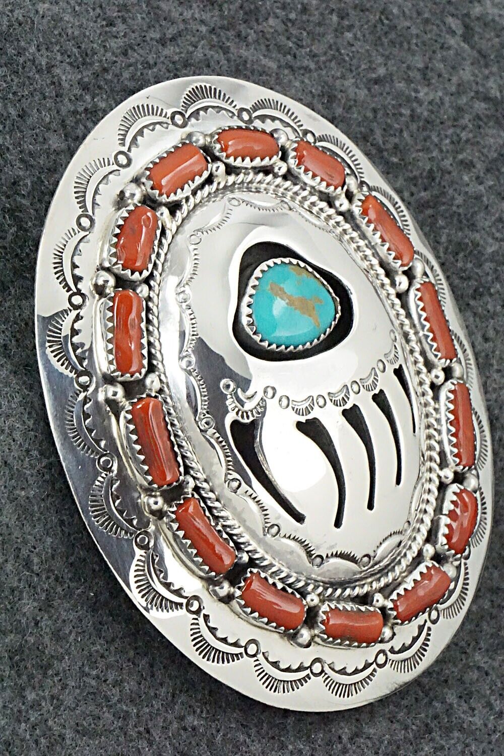 Turquoise, Coral & Sterling Silver Belt Buckle - Wilbert Muskett Sr.
