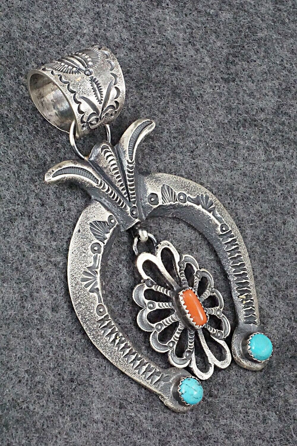 Turquoise, Coral and Sterling Silver Naja Pendant - Eva Cayatineto