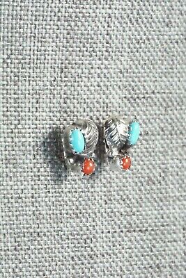 Turquoise, Coral & Sterling Silver Earrings - Roselene Joe