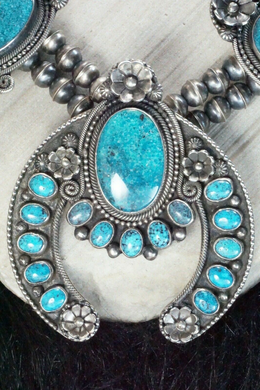 Turquoise & Sterling Silver Squash Blossom & Earrings - Myron Etsitty