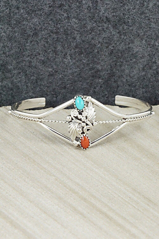Turquoise, Coral & Sterling Silver Bracelet - William Begay