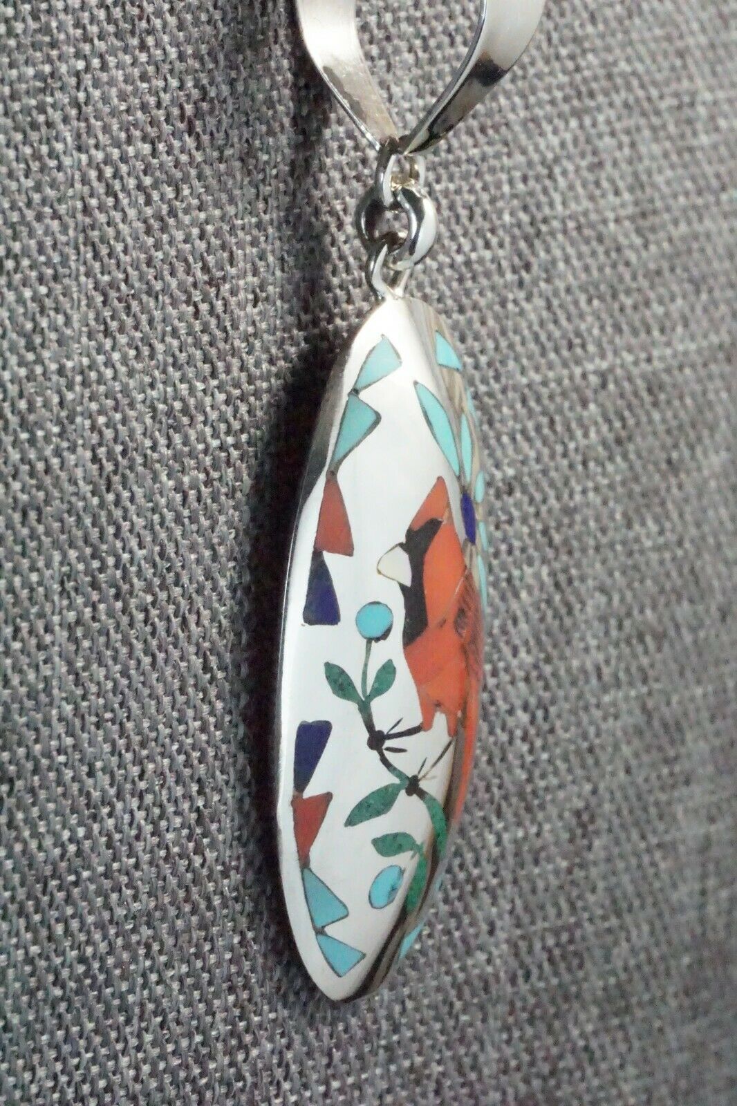 Inlay Coral Cardinal & Sterling Silver Pendant - Quintin Quam Sr