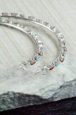 Turquoise, Coral & Silver Hoop Earrings - Alvin & Aurelia Hughte