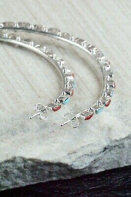 Turquoise, Coral & Silver Hoop Earrings - Alvin & Aurelia Hughte - High Lonesome Trading