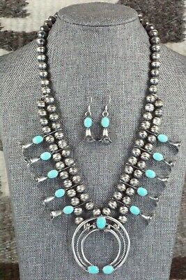 Turquoise & Sterling Silver Squash Blossom and Earrings - Leon Kirlie