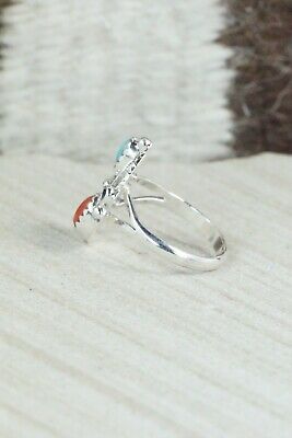 Turquoise, Coral & Sterling Silver Ring - Sharon McCarthy - Size 5.75