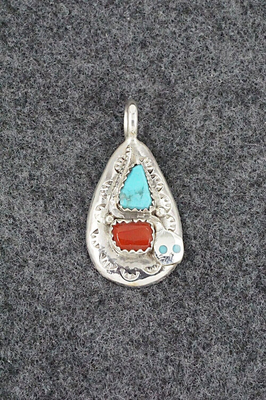 Turquoise, Coral and Sterling Silver Pendant - Joy Calavaza