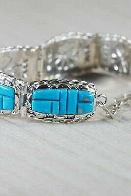 Zuni Turquoise & Sterling Silver Link Bracelet - Bevis Tsadiasi - High Lonesome Trading