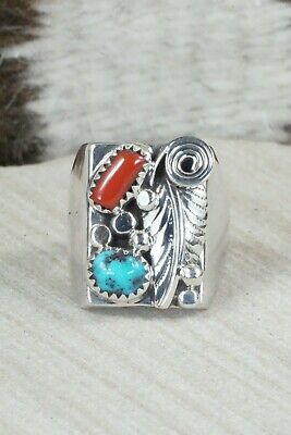 Turquoise, Coral and Sterling Silver Ring - Wilbur Myers - Size 9
