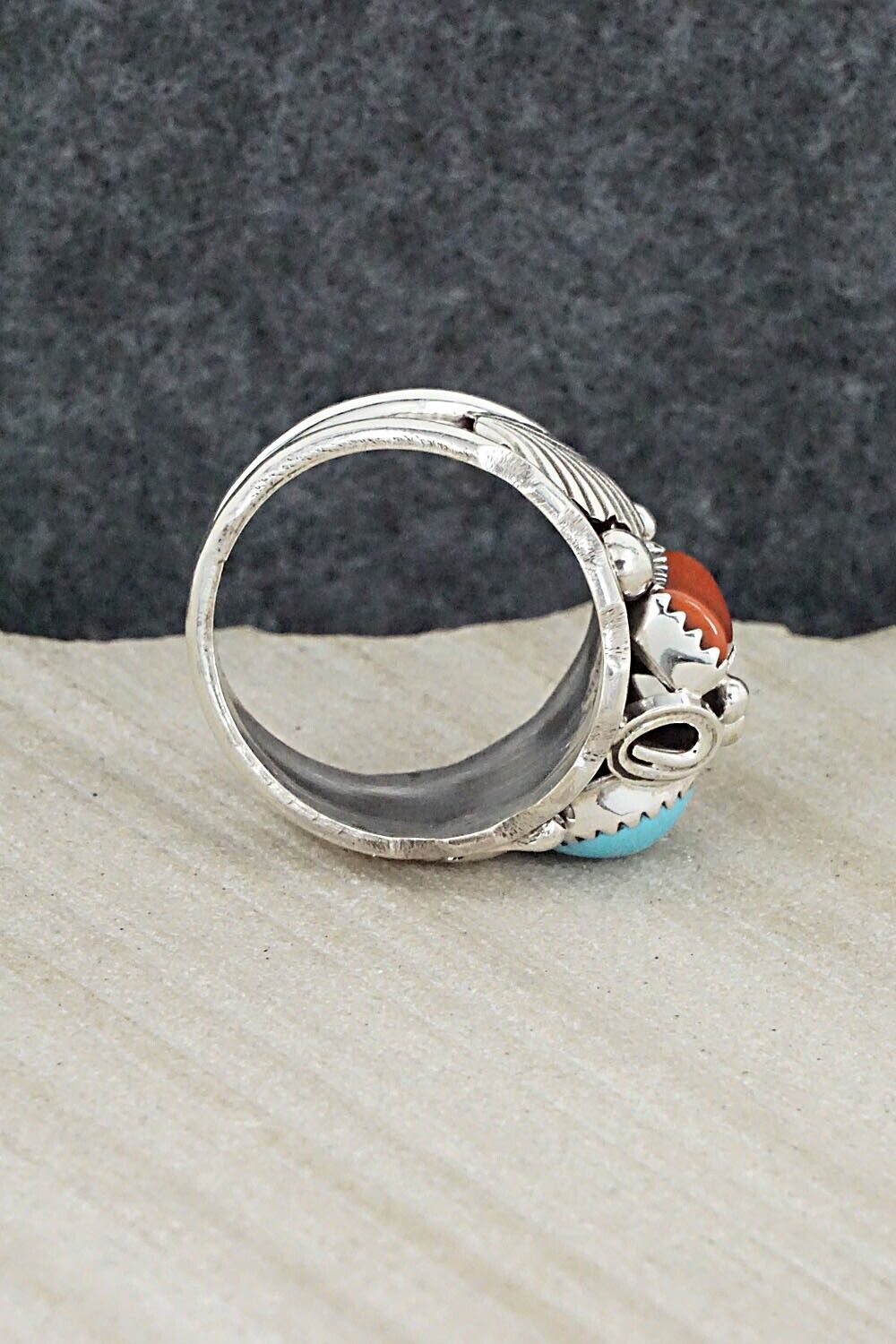 Turquoise, Coral & Sterling Silver Ring - Max Calladitto - Size 9.5