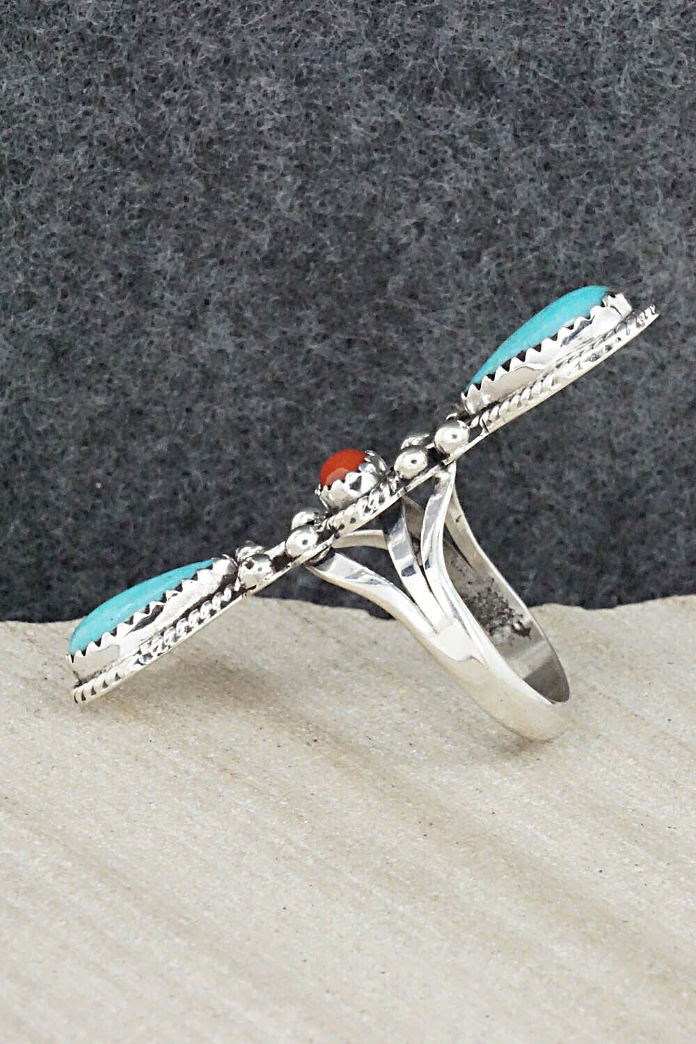 Turquoise, Coral & Sterling Silver Ring - Andrew Vandever - Size 6.5