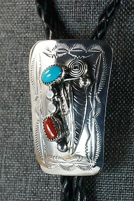 Navajo Turquoise, Coral & Sterling Silver Bolo Tie - Wilbur Myers