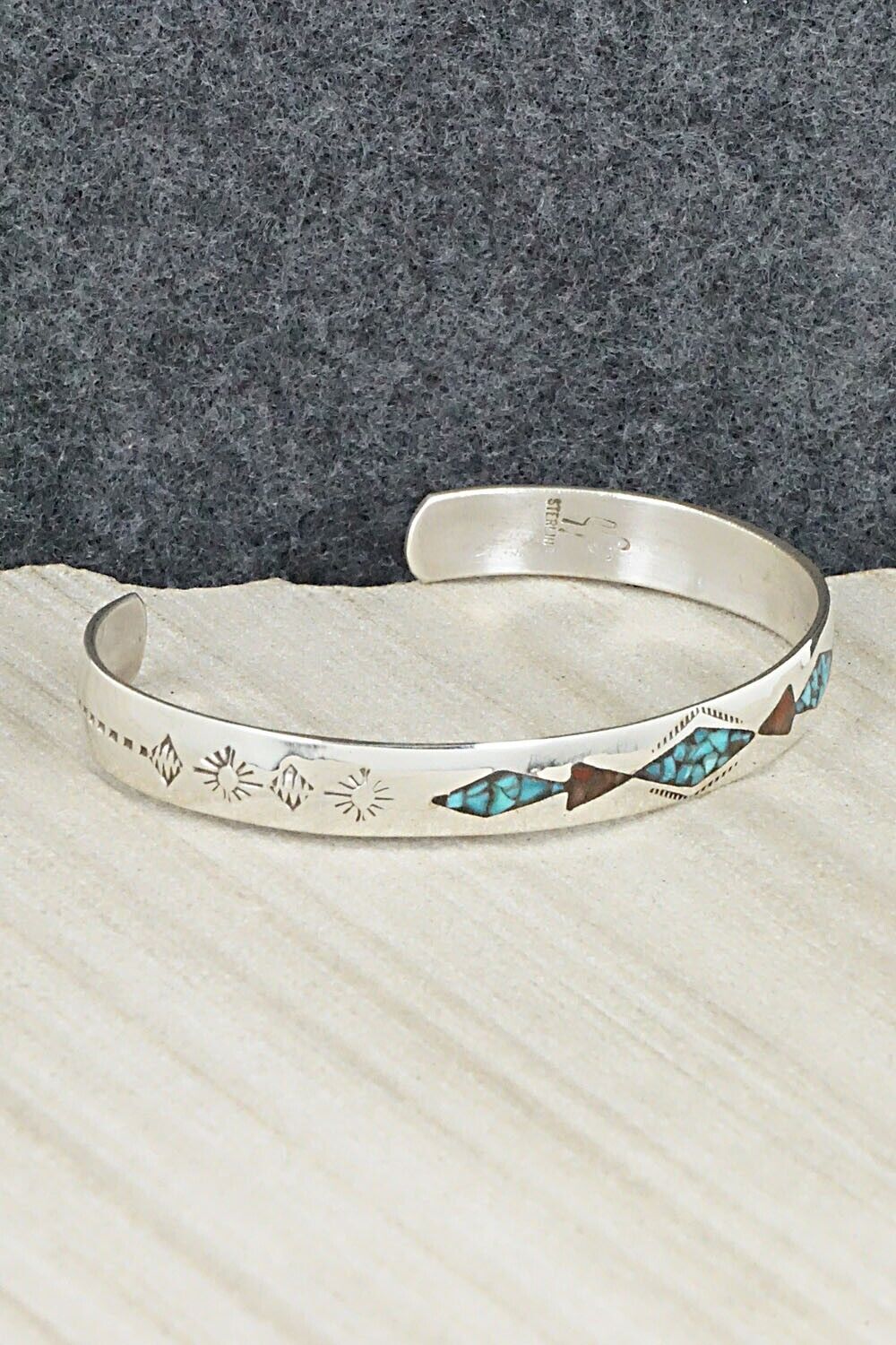 Turquoise, Coral Chip Inlay & Sterling Silver Bracelet - Jolene Yazzie