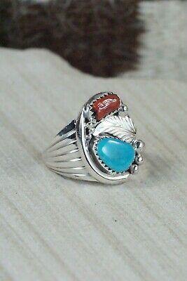 Navajo Turquoise, Coral & Sterling Silver Ring - Jeanette Saunders - Size 9.5 - High Lonesome Trading