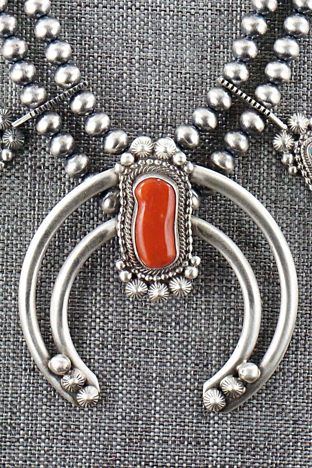 Turquoise, Coral & Sterling Silver Squash Blossom Set - Tom Lewis