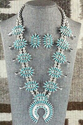 Turquoise & Sterling Silver Squash Blossom and Earrings - Nathaniel Nez