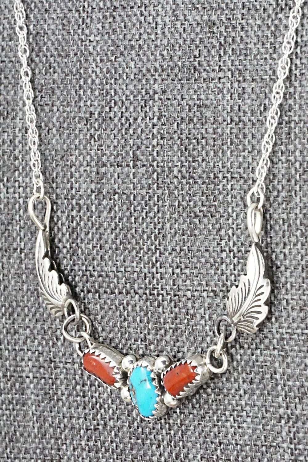Turquoise, Coral & Sterling Silver Necklace - Verley Betone
