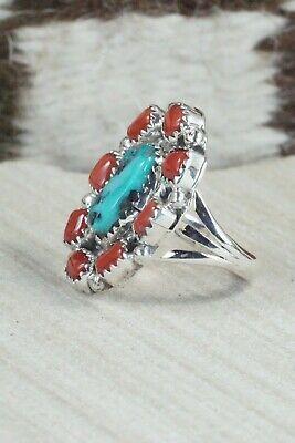 Turquoise, Coral & Sterling Silver Ring - Roberta Begay - 6.75 - High Lonesome Trading