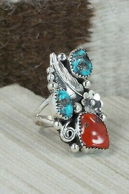 Turquoise, Coral & Sterling Silver Ring - Shirley Largo - Size 9