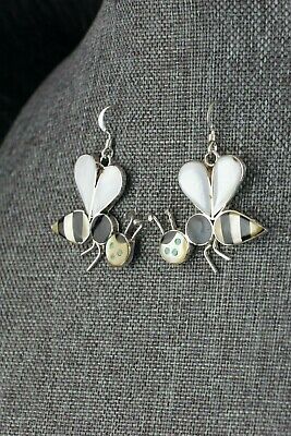 Zuni Mother of Pearl and Onyx Honeybee Sterling Silver Earrings - Angus Ahiyite - High Lonesome Trading