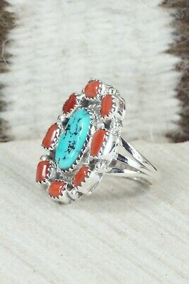 Turquoise & Coral Sterling Silver Ring - Roberta Begay - Size 6