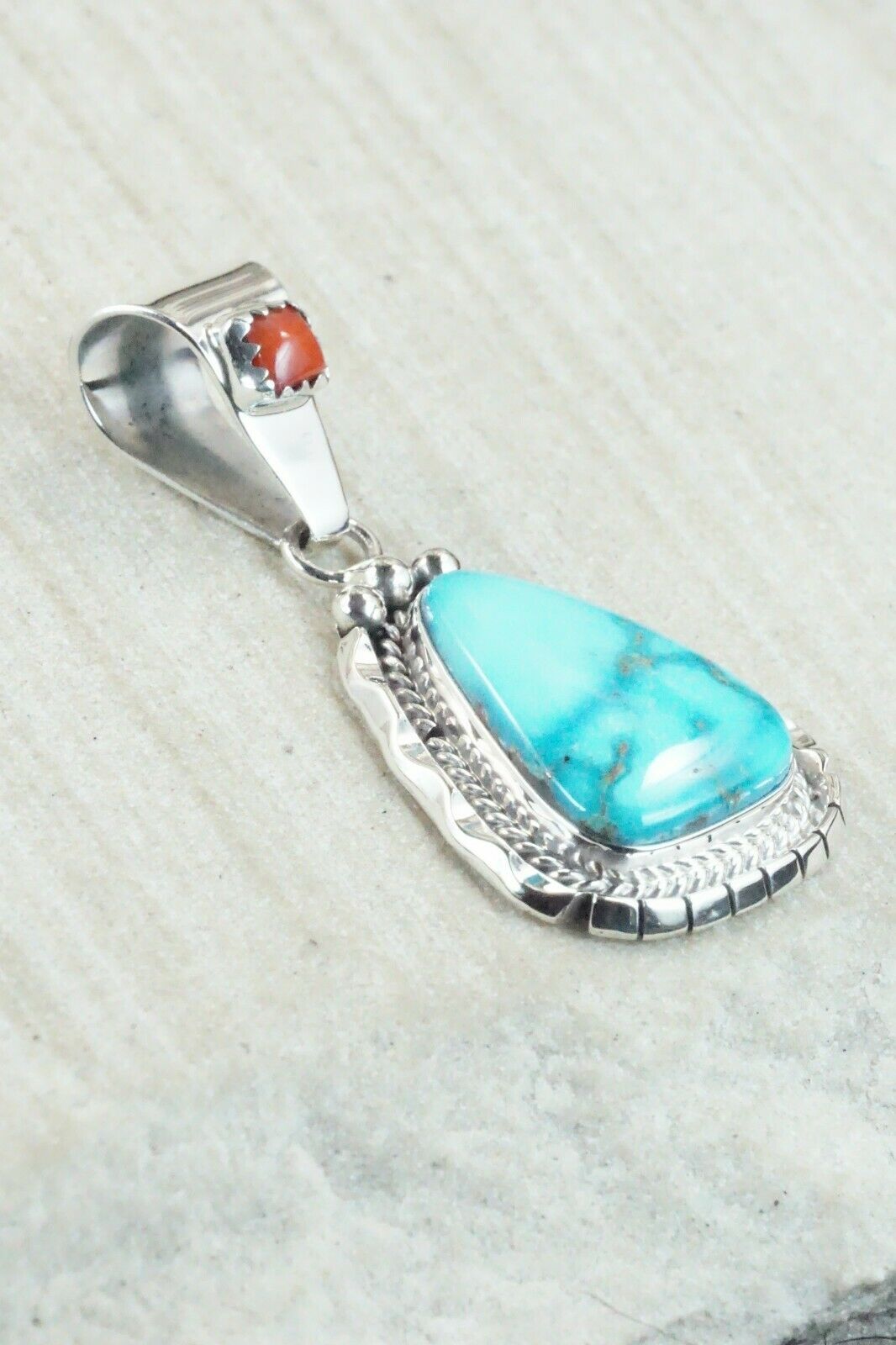 Turquoise, Coral & Sterling Silver Pendant - Navajo