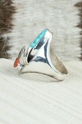 Turquoise, Coral & Sterling Silver Ring - Lyolita Tsattie - Size 6.5
