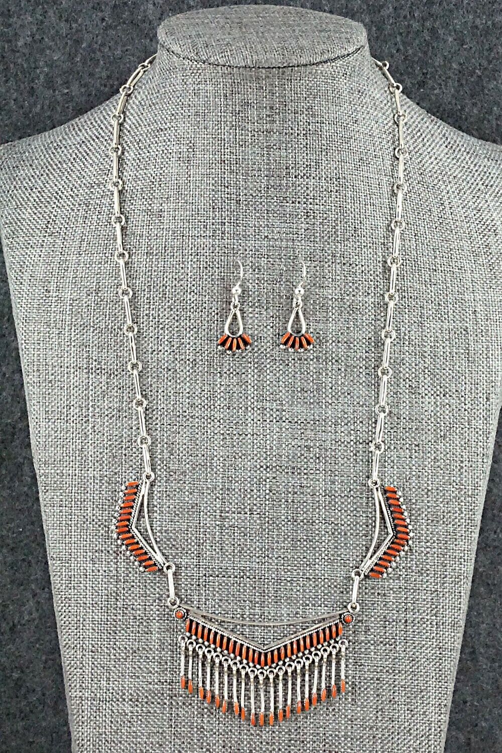 Coral & Sterling Silver Necklace and Earrings Set - Mildred Ukestine