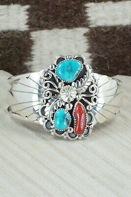 Turquoise, Coral & Sterling Silver Bracelet - Shirley Largo