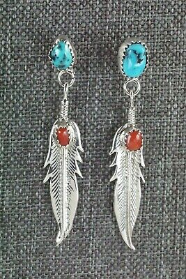 Navajo Turquoise, Coral & Sterling Silver Earrings - Annie Spencer