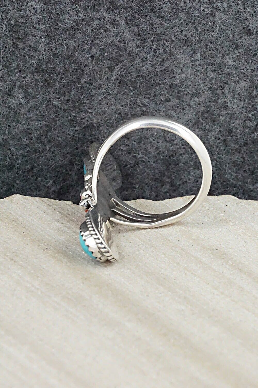 Turquoise, Coral & Sterling Silver Ring - Andrew Vandever - Size 7