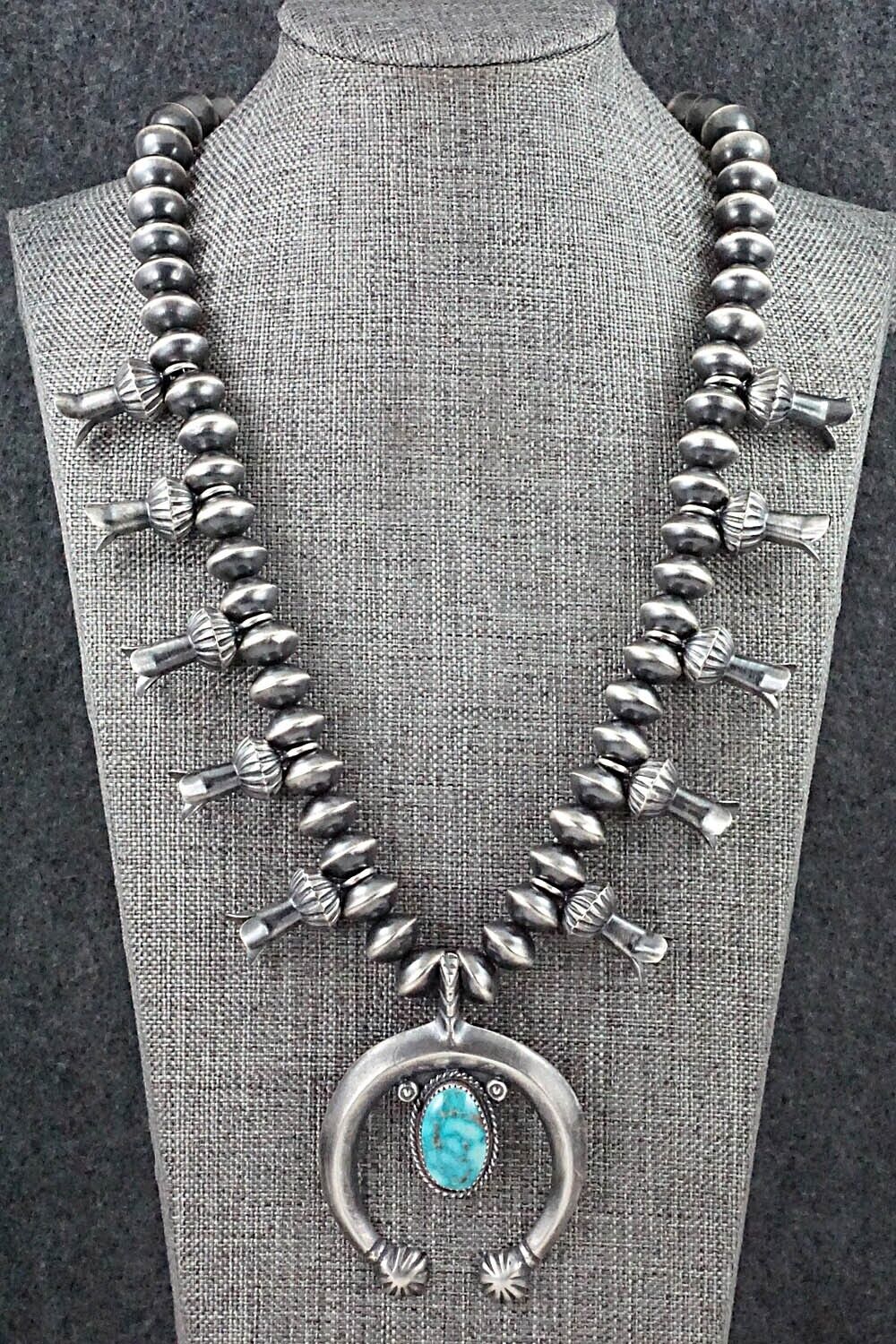 Turquoise & Sterling Silver Navajo Pearl Squash Blossom Necklace - Presley Haley