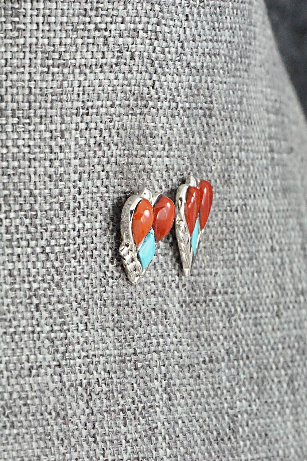 Turquoise, Coral & Sterling Silver Earrings - Vincent Hooee