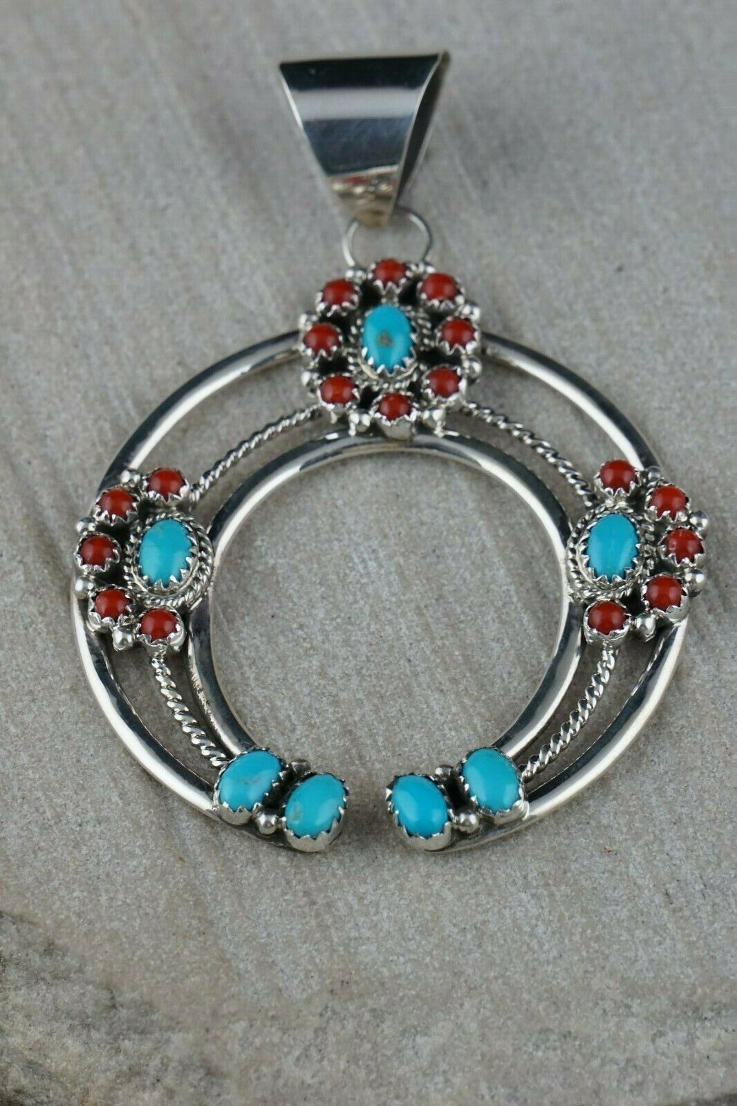 Turquoise, Coral and Sterling Silver Pendant - Leon Kirlie - Navajo - High Lonesome Trading