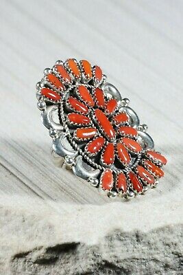 Navajo Coral and Sterling Silver Ring - Justina Wilson - Size 8 - High Lonesome Trading