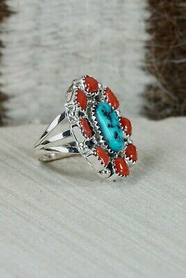 Navajo Turquoise, Coral & Sterling Silver Ring - Roberta Begay - Size 6.25