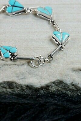 Zuni Turquoise & Sterling Silver Heart Link Bracelet - Velda Nastacio