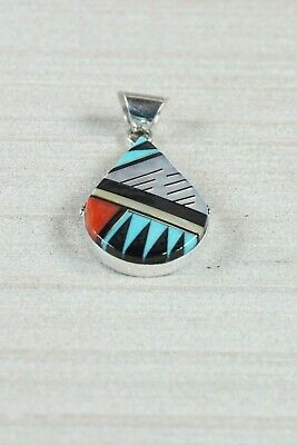 Zuni Inlay Turquoise & Coral Sterling Silver Pendant - Cleo Kallestewa - High Lonesome Trading